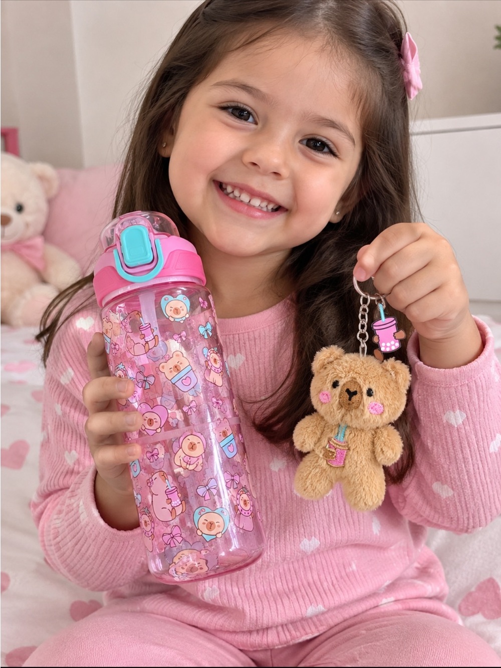 Kids Pink Bear Print Water Bottle with Plush Keychains
